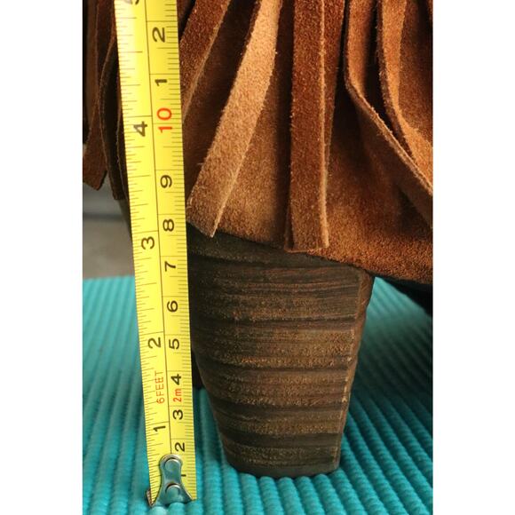 BORN Tan Suede Leather Ankle Boots Booties Fringe Thora Moccasin Block Heel 11 - Picture 7 of 9